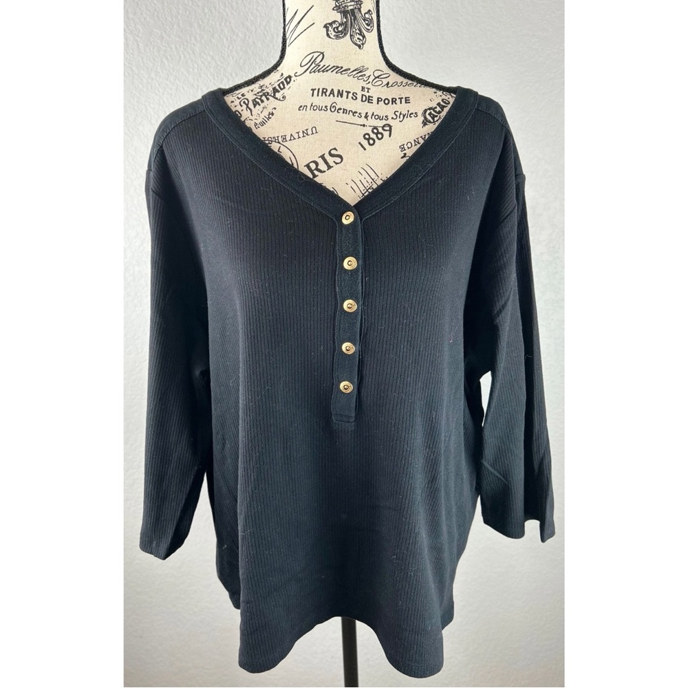 Ralph Lauren Black Ribbed V-Neck Henley Top with Gold Buttons